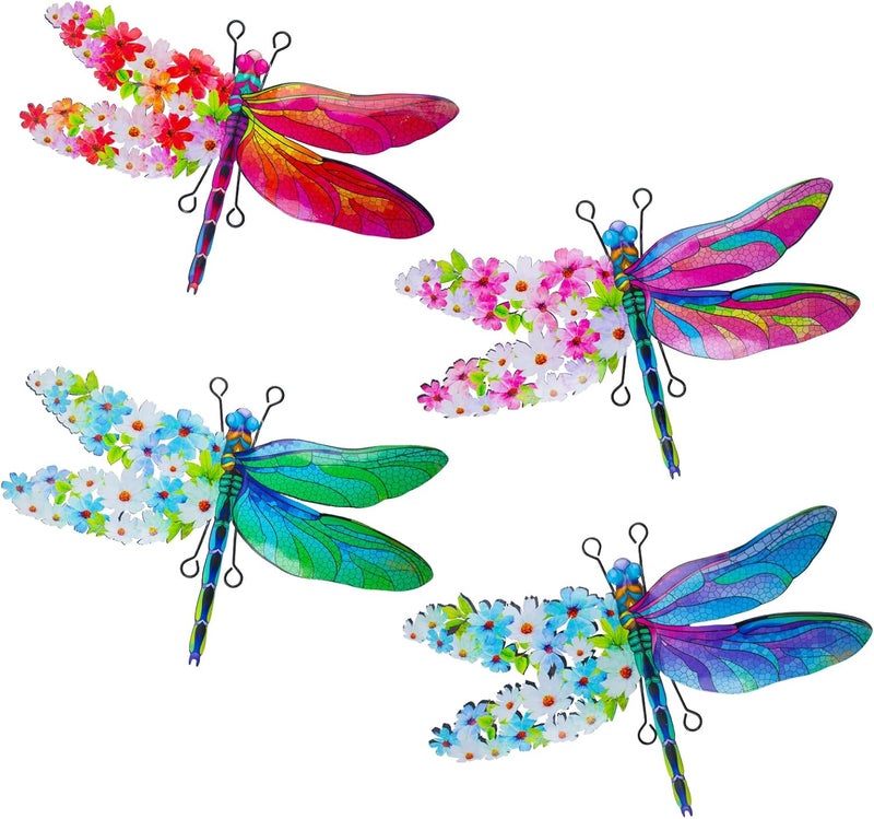 dreamskip Store Dragonfly Wall Decor, 4 Pack Metal Outdoor Wall Decor Art, Colourful Dragonfly Decor for Garden Yard Patio Fence Living Room Bedroom - Image 1